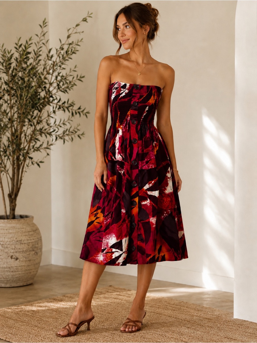 Cache 100% Silk Strapless Y2K Abstract Floral Smocked Midi Dress Size M